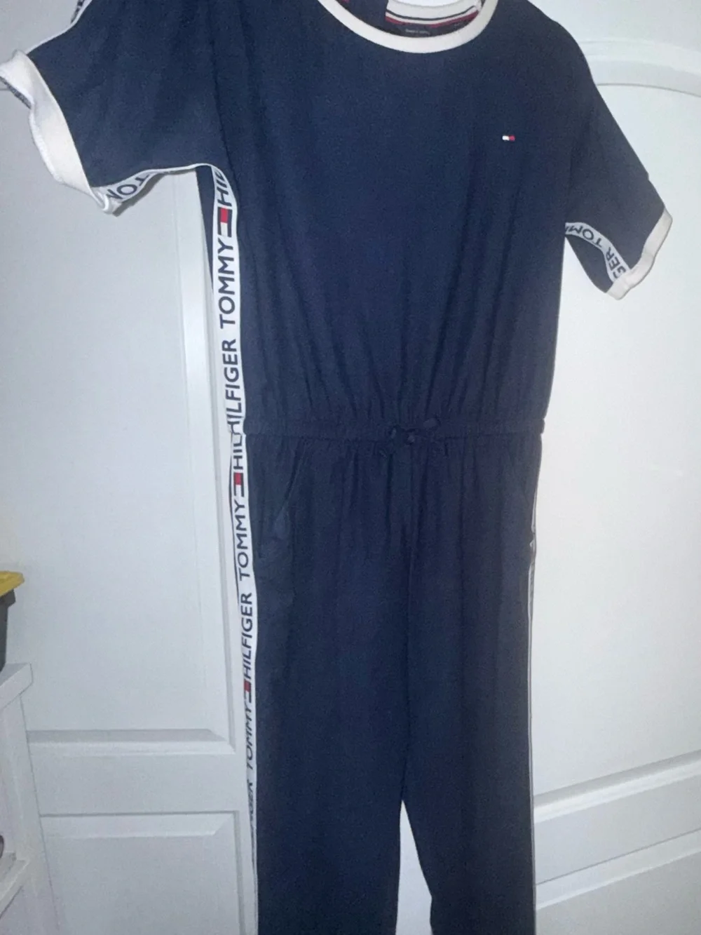 Tommy Hilfiger Navy Short-Sleeve Logo-Trim Jumpsuit